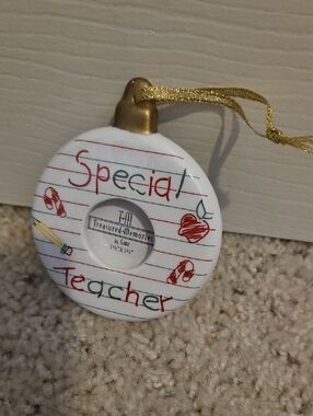 Special Teacher Ceramic Ornament - White with Red & Green Accents